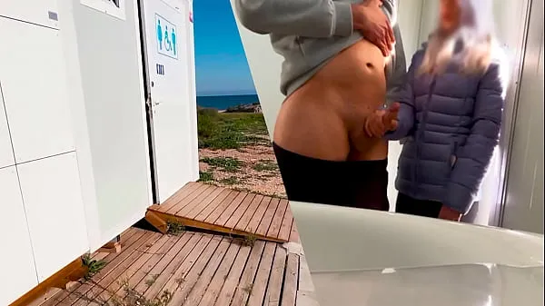New I surprise a girl who catches me jerking off in a public bathroom on the beach and helps me finish cumming cool Videos